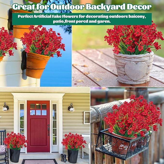 Lnoicy 24 Pcs Artificial Flowers for Outdoor,Plastic Flowers Decoration, UV Resistant Faux Flowers Shrubs, Artificial Plants for Indoor Outside Garden Home Wedding Farmhouse(Red)