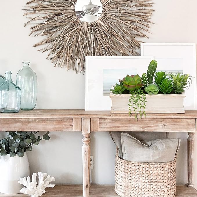 Artificial Succulents Fake Plants in White Rectangular Wooden Pots 12.9"W Artificial Potted Succulents Faux Plants Arrangement for Table Centerpiece Farmhouse Shelf Mantel Tropical Greenery Decor