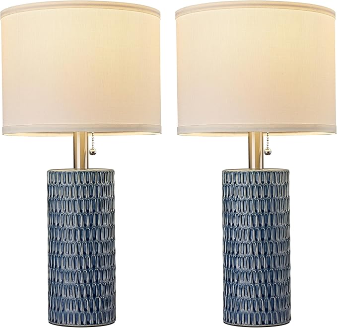Table Lamps for Living Room Set of 2, Ceramic Table Lamps for Bedroom, 20" Modern Lamps for Night Stands, Dark Blue