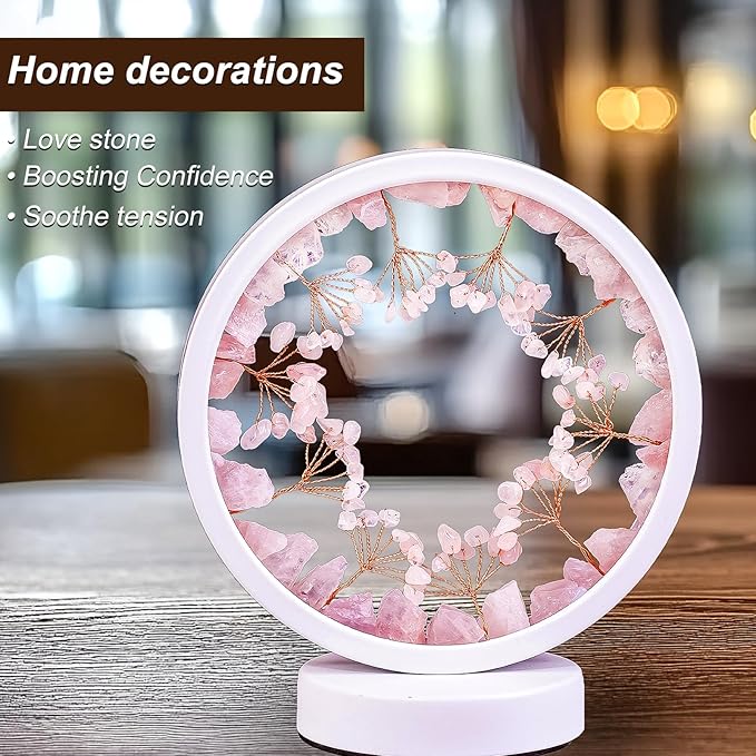 Runyangshi Crystal Night Lamp Natural Rose Quartz Crystals Small Tree Bedside Ambient Lamp USB Port 3 Colours Adjustable Lamp Suitable Night Light for Living Room Bedroom Office Home Decor Gift
