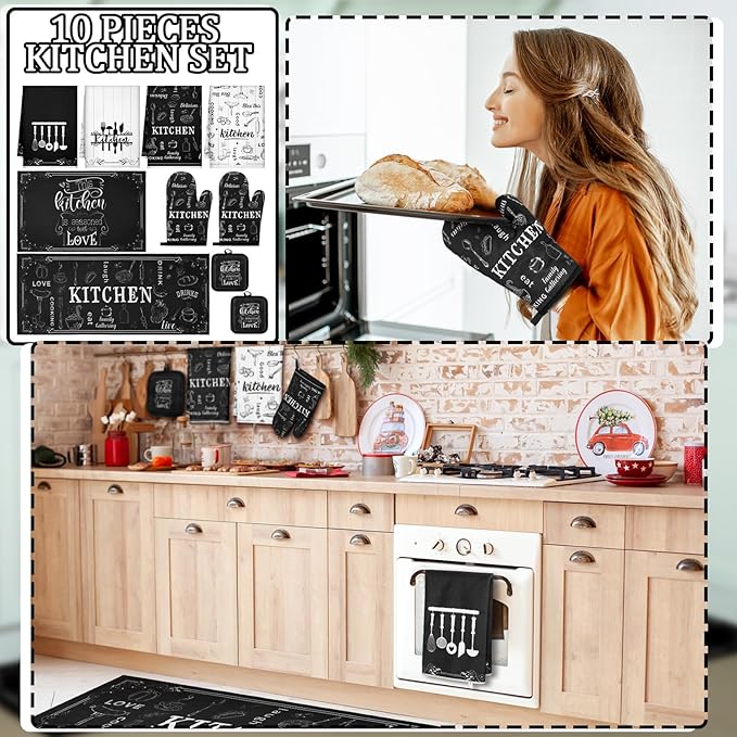 10 Pcs Farmhouse Kitchen Decor Sets, 4 Kitchen Dish Towels 2 Pot Holders 2 Oven Mitts Glove Rustic Black Non Slip Rugs and Mats for Floor Home Decorations Accessories Christmas Mom Gifts