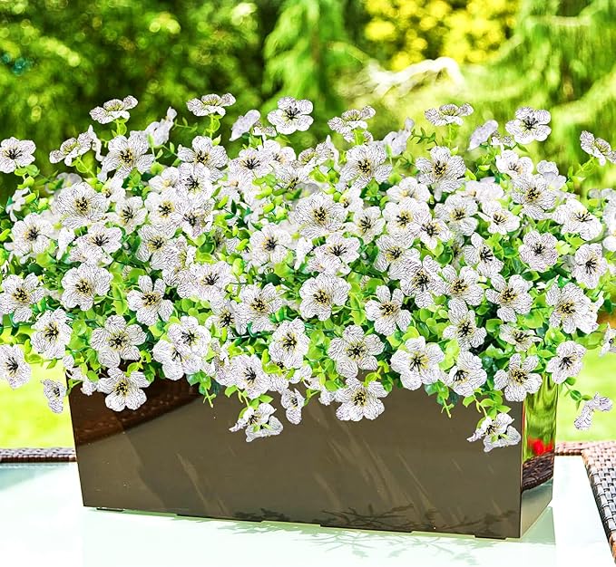 Agusbagli 10 Bundles Artificial Flowers Outdoor UV Resistant Fake Flowers No Fade Faux Plastic Greenery Shrub Plants for Wedding Home Garden Window Box Fireplace Thanksgiving Christmas Decor, White