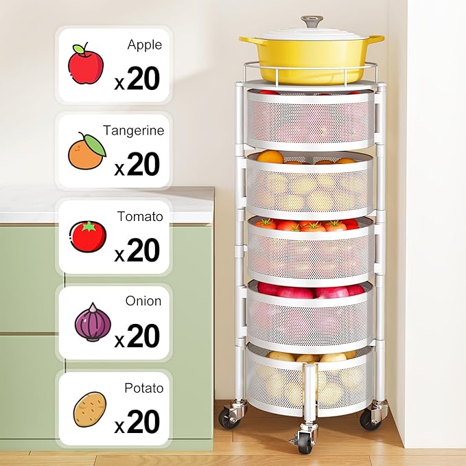 SNTD Fruit and Vegetable Basket Bowls for Kitchen with Metal Top Lid, 5 Tier Rotating Storage Rack Cart for Potato Onion Banana, Wire Basket Organizer on Wheels, Large (White)