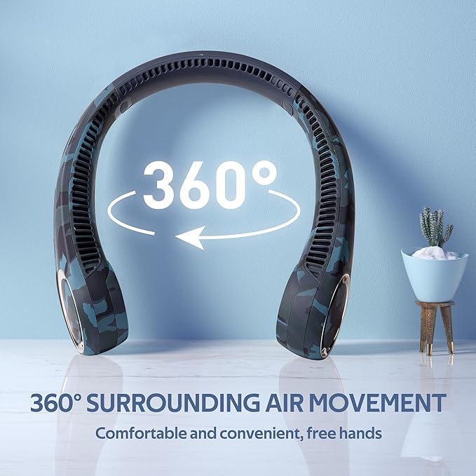 Portable Neck Fan, Hands Free Bladeless Fan, 360° Cooling Personal Fan,Wearable Quiet Fan for Outdoor Indoor, Birthday Gifts for Men Women Mom Dad, 4000mAh Battery USB Rechargeable(Blue Camouflage)