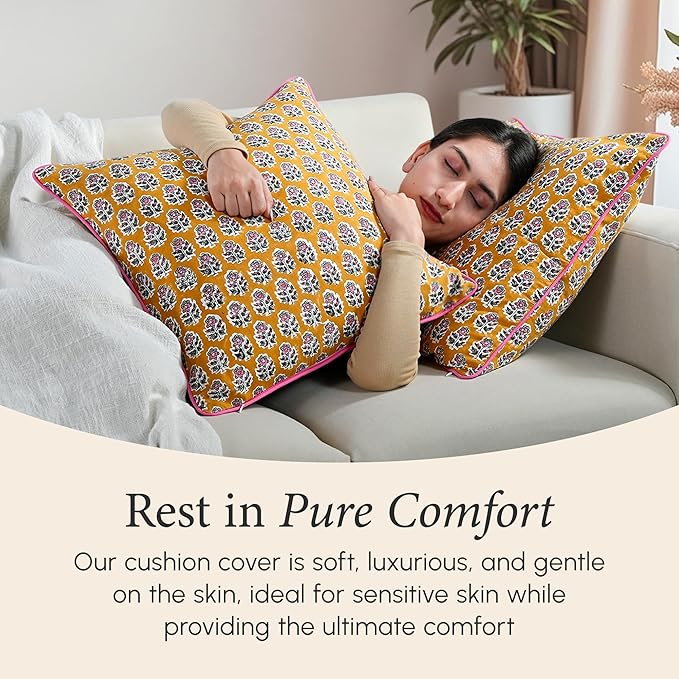 CPC 100% Cotton Throw Pillow Covers 24x24 Inch, Set of 2 Yellow Block Print Pattern Couch Pillow, Cute Boho Decorative Pillows for Living Room, Bedroom with Hidden Zipper- Yellow Citrine