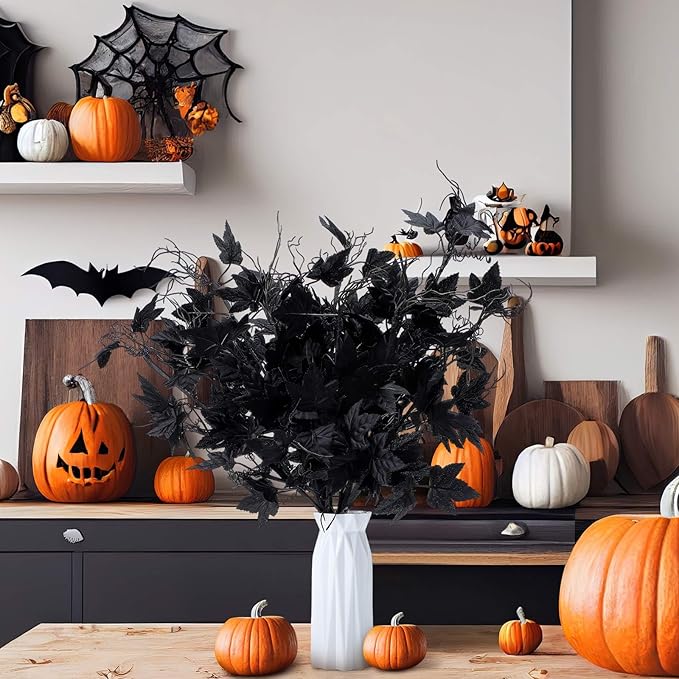 12 Pcs 19.7 Inch Artificial Halloween Flowers Decorations Black Floral Stem Leaves Picks Branches Black Gothic Halloween Table Decorations for Home Indoor Party Vase Arrangement Decor