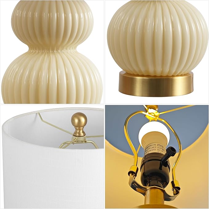 JONATHAN Y JYL1099G Daphne 20" Contemporary Transitional Metal/Glass Ribbed Gourd LED Table Lamp Bedroom, Living Room, Office, Dining Room, Ivory/Brass Gold