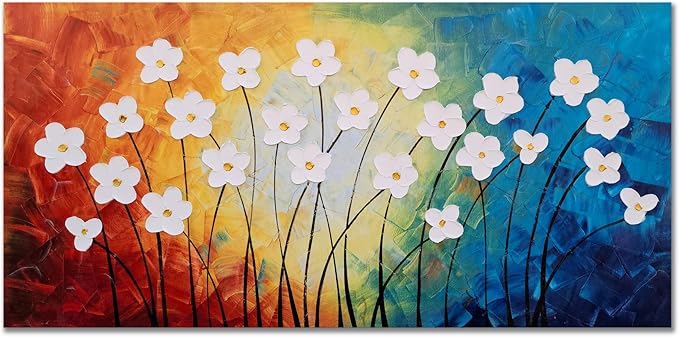 Yihui Arts Flower Pictures Wall Decor Hand Painted 3D Light Blue Yellow Red and White Canvas Oil Paintings Modern Big Horizontal Artwork for Living Room Bedroom Nursery Decoration