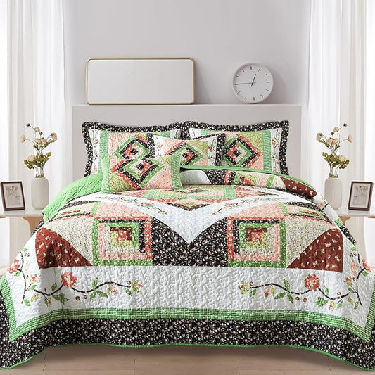 VAPUTAR Quilt King Size Bedding Set - Soft King Size Quilt Set for All Season, Lightweight Reversible Coverlet Bedspread for Farmhouse Bedroom (98 × 106 Inch), Green