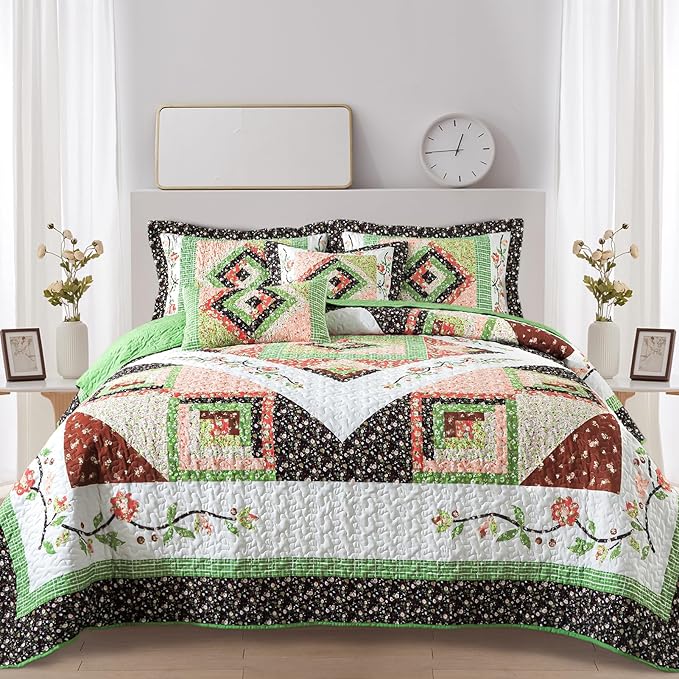 VAPUTAR Quilt King Size Bedding Set - Soft King Size Quilt Set for All Season, Lightweight Reversible Coverlet Bedspread for Farmhouse Bedroom (98 × 106 Inch), Green