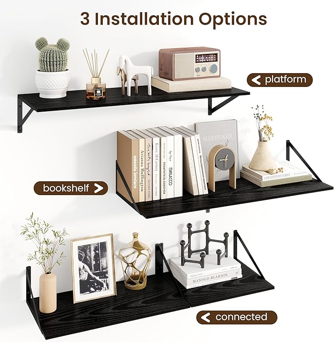 Fun Memories Floating Shelves for Wall, 12 Inch Deep Floating Shelves Set of 2, 24W x 12D Large Wall Shelf with Sturdy Metal Brackets for Living Room, Bathroom, Bedroom and Kitchen, Black