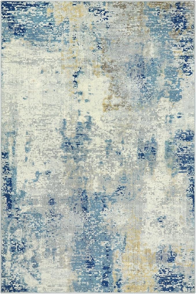 Lahome Modern Abstract Area Rug 4x6, Washable Living Room Rug for Bedroom Entryway Non Slip, Soft Contemporary Indoor Floor Throw Carpet for Apartment Playroom Home Office, Blue