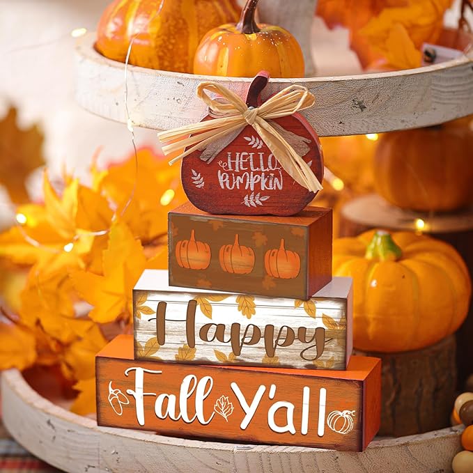 4 Pcs Fall Decor for Home Hello Pumpkin Wooden Signs with Blessed Autumn Tiered Tray Decor Farmhouse Pumpkin Tabletop Centerpiece Maple Leaf Block Signs for Fall Thanksgiving Office Kitchen Shelf