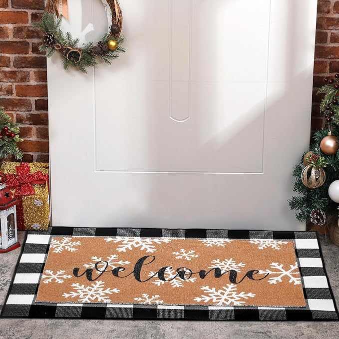 2 Pcs Christmas Welcome Door Mat Winter Snowflake Outdoor Welcome Mats for Front Door Non Slip Winter Coir Floor Mat Black White Check Christmas Rug for Outside Front Porch Entryway Decor
