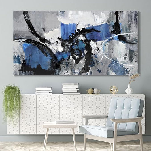 Abstract Canvas Wall Art: Large Wall Art Paintings for Living Room, Modern, Framed Artwork in Blue and Black -Bedroom, and Office Decorations for Work - Pictures for a Stylish Wall Decor