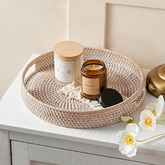 JUNGLE CULTURE Large Rattan Serving Tray 14" in Whitewash • Round Table Basket • Wicker Ottoman Trays with Handles for Coffee Table, Bed Side or Couch • Flat Circle Woven Tray • Boho Farmhouse Decor