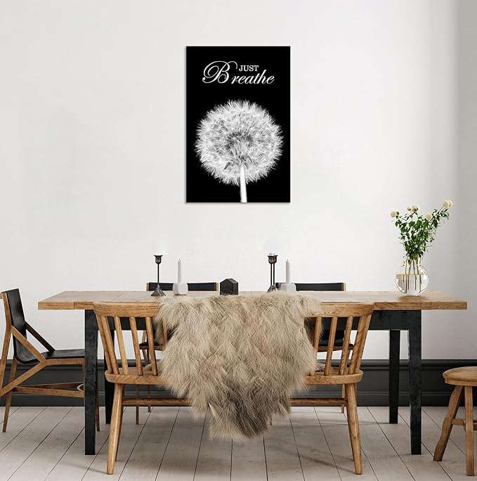 YIOZHAOFH Black Dandelion Picture Artwork Bedroom Decoration Just Breathe Canvas Painting Photo Relaxing Meditation Art Wall Decor Framed for Home Room Office Dorm (16L x 24W)