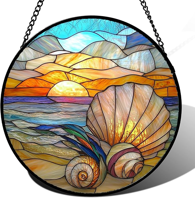 Stained Glass Window Hanging - Colorful Beach Shells Conch Sun Catcher for Door Home Decor Ocean Suncatcher Christmas Mother's Day Birthday Sea Lover Gifts for Women Men Mom Nana 7.8 in