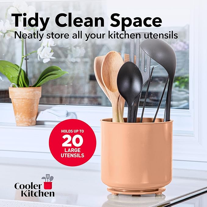 Rotating Extra Large Peach Plastic Utensil Holder Caddy with Sturdy No-Tip Weighted Base, Removable Divider, and Gripped Insert - Dishwasher Safe Kitchen Utensil Holder for Countertop