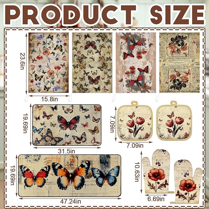 10 Pcs Butterfly Kitchen Decor Sets, 4 Butterfly Kitchen Dish Towels 2 Pot Holders 2 Oven Mitts Glove Non Slip Rugs and Mats for Floor Home Decorations Accessories Christmas Farmhouse Gifts