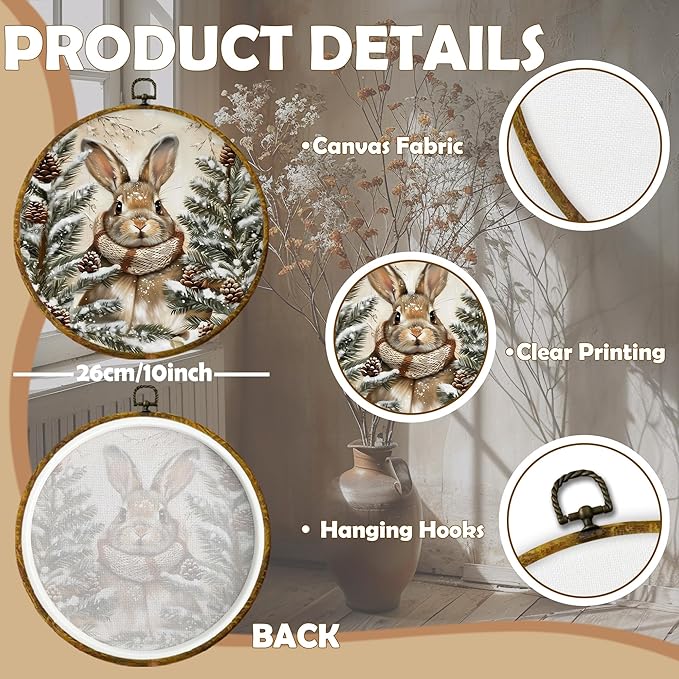 CUANFDDSF Vintage Boho Winter Bunny Round Wall Art Decor, Rustic Cottagecore Rabbit Pinecones Wall Hanging Frame Decor, Farmhouse Winter Bunny Canvas Prints Decorations for Home Bedroom, 10x10 Inch