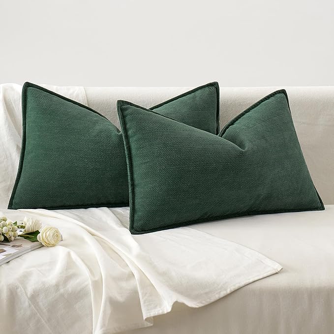 MIULEE Pack of 2 Green Decorative Lumbar Pillow Covers 12x20 Inch Soft Chenille Luxurious Couch Throw Pillows Farmhouse Cushion Covers with Elegant Design for Sofa Bedroom Living Room Home Decor