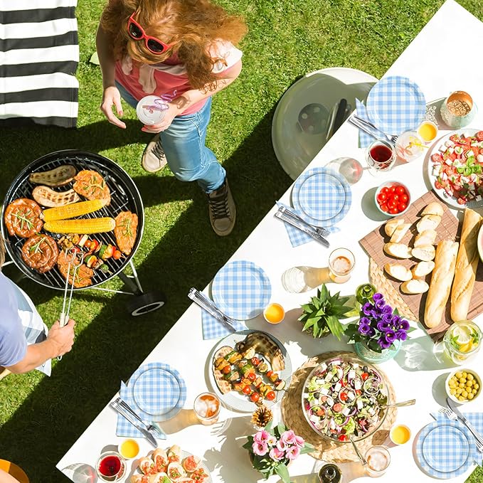 180Pcs Blue Gingham Party Supplies Paper Plates and Napkins Serve 60 Disposable Tableware Set for Birthday Party Decorations Game Day Family School Holiday Sports Events