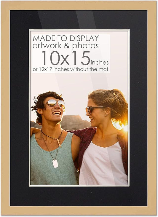 10x15 Frame Natural Wood with Black Mat | 12x17 Frame Matted to 10x15 | Display Your Print Under UV Acrylic Shatter Guard Front, with Foam Board Backing and Wall Hanging Hardware - Wall Frame