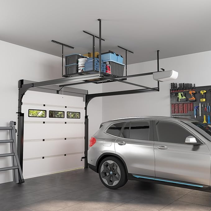 FLEXIMOUNTS 3x4 Overhead Garage Storage Rack, Adjustable Organization System, Heavy-Duty Metal Ceiling Racks, 275lbs Weight Capacity, Black