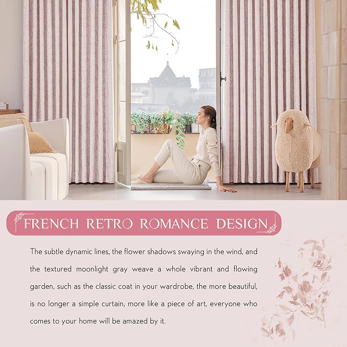 Beauoop Pink Floral Jacquard Blackout Curtains 84 Inches Long 2 Panels for Girls Bedroom Living Room Chenille Flower Room Darkening Thermal Insulated Soundproof Rod Pocket Back Tab Window Drapes 52x84