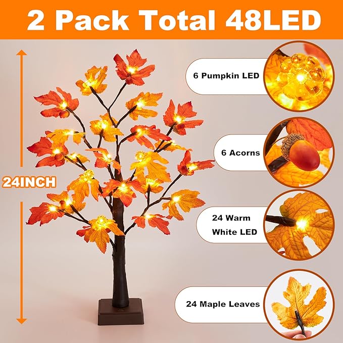 Fall Decor 2 Pack 24 Inch Maple Tree Lights - 48 LED Autumn Decorations with Pumpkins & Acorns, Timer, USB & Battery Powered - Thanksgiving Decorations for Home Table Indoor Fireplace