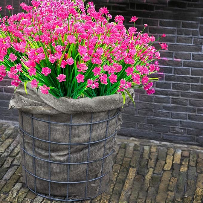 TURNMEON 20 Bundles Artificial Flowers for Outdoors Fake Plants Summer Decor, UV Resistant Artificial Plants Cemetery Fake Flowers Faux Plastic Greenery Shrub for Home Porch Yard Decor 580 Heads(Pink)