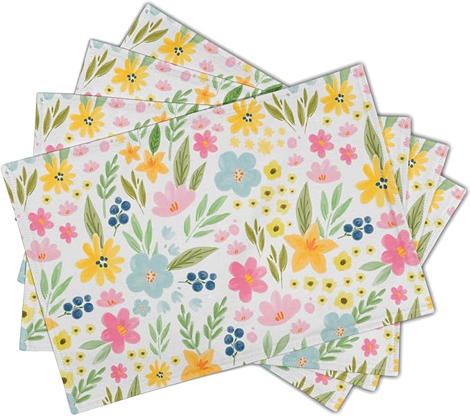 Cute Floral Placemats 12×18 Inches Set of 4 Spring Summer Seasonal Indoor Kitchen Dining Table Place Mats for Home Party Decoration