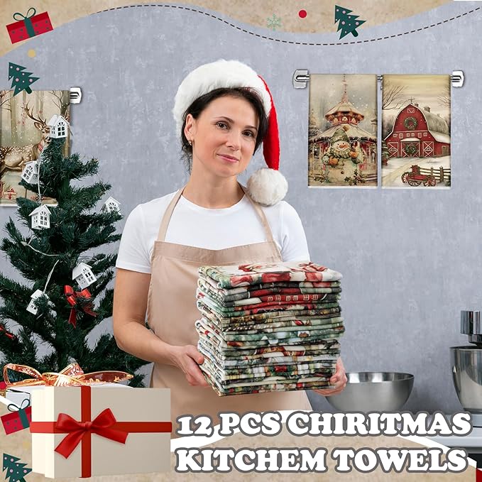 12 Pcs Christmas Kitchen Towels and Dishcloths Absorbent Christmas Tree Reindeer Truck Hand Dish Towels Decoration for Xmas Home Gift Supplies, 14.2 x 21.3 Inch(Vintage Style)