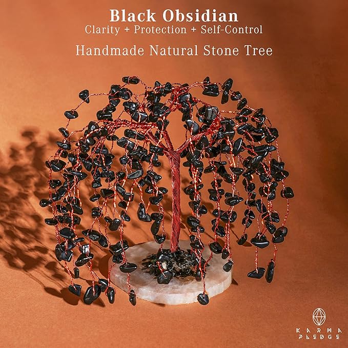 Black Obsidian Crystal Tree of Life Chakra Healing, Home and Office Desk Decor, Feng Shui Bonsai Trees for Postive Energy, Money, Good Luck, Christmas Decor, Spiritual Birthday Gifts for Women, Mom