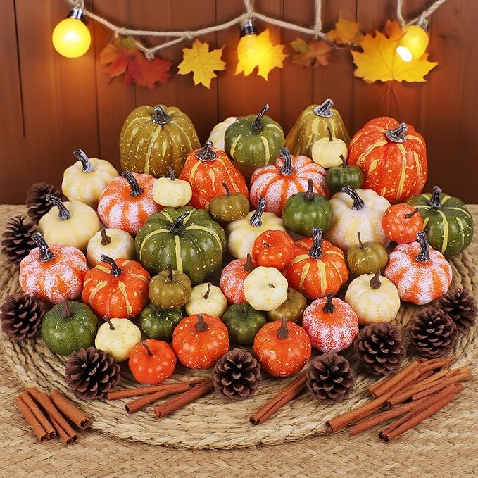 winemana 46 Pcs Assorted Size Artificial Pumpkins Fall Decorations, Mixed-Color Foam Pumpkin Autumn Decor, Decorative Faux Pumpkin for Thanksgiving Table Centerpiece Mantle Bowl Wedding Party