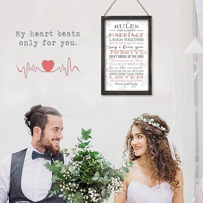 Rules for A Happy Marriage Framed Wall Plaque in Solid Wood Material 16x9.5 Inches Vertical - Bridal Shower Gift for Couples Wife Husband - Affirmation Motivational Inspiring Home Decor Newlywed