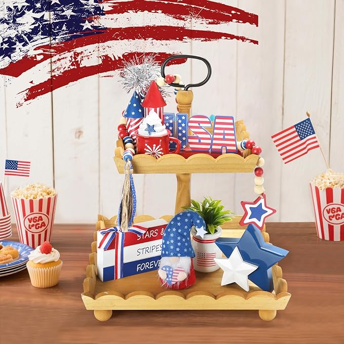 4th of July Decorations, Memorial Day Decorations, Independence Day Patriotic Tiered Tray Decor Set, 8 Pieces Fourth of July Centerpieces for Home Office Table Shelf, Red White and Blue Decorations