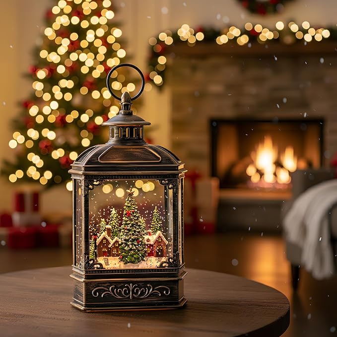 Christmas Snow Globe Lantern Water Glittering Xmas Village with Music & Timer, USB Lined/Battery Operated Lighted Lantern for Christmas Festival Decoration Gifts