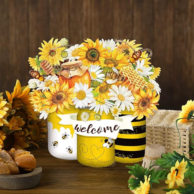 Spiareal Bee Welcome Yellow Hanging Front Door Summer Decorations for Home Hanger Wooden Sign Farmhouse Wall Bright Porch Decoration Art Wreaths for Front Door Outside All Season