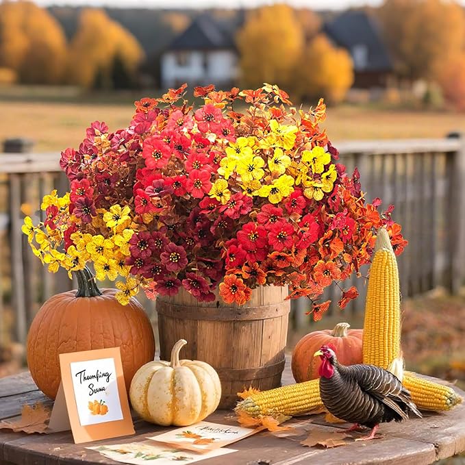 16 Bundles Artificial Fall Flowers Outdoor UV Resistant, Faux Greenery for Hanging Planters & Window Box - No Fade Thanksgiving Christmas Decor, Garden Porch Wedding (Mixed Colors)