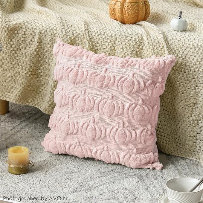 AVOIN colorlife Fall Pumpkin Pink Throw Pillow Covers, 18 x 18 Inch Seasonal Autumn Thanksgiving Harvest Decoration Soft Plush Faux Fur Jacquard Cushion Case Decoration for Sofa Couch Set of 2