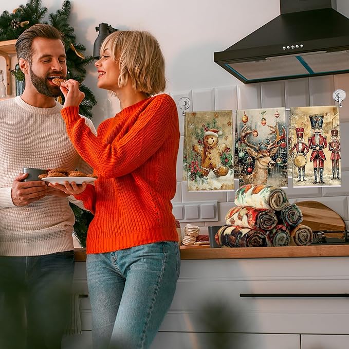 12 Pcs Christmas Kitchen Towels and Dishcloths Absorbent Christmas Tree Reindeer Truck Hand Dish Towels Decoration for Xmas Home Gift Supplies, 14.2 x 21.3 Inch (Vintage Fashion)