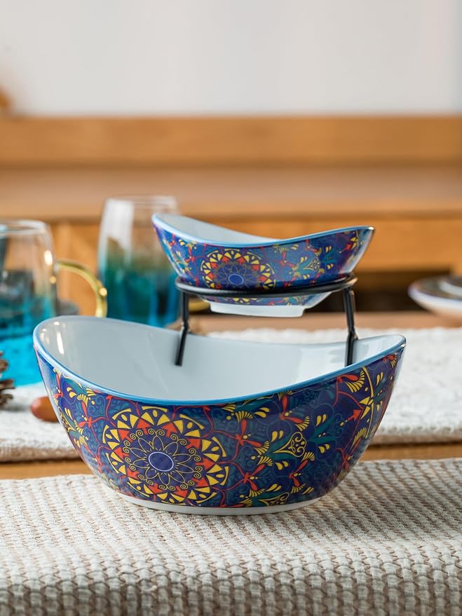 YHOSSEUN Chip and Dip Serving Set, Ceramic Chip Dip Bowls for Parties, 2 Tier Serving Stand Appetizer Serving Dishes for Entertaining Food Display Set