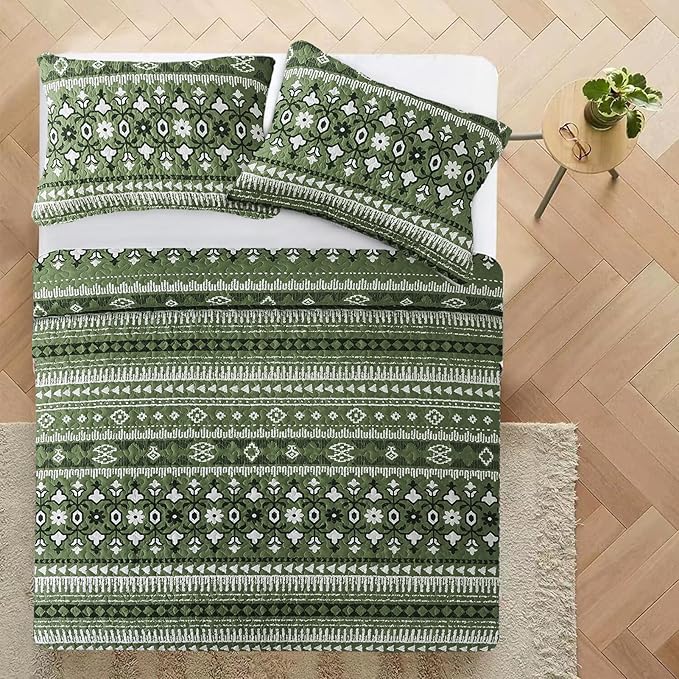 VAPUTAR Boho Quilts King Size, Stripe Reversible King Quilt Set, Lightweight All-Season Coverlet & Boho Bedspread- 3 Piece/Green