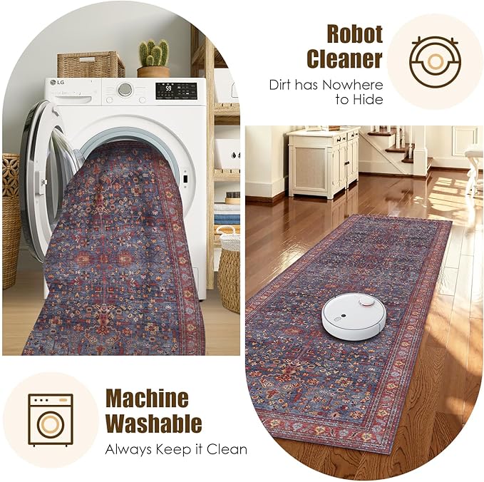 Washable Area Rug 2'6'' x 8' Vintage Traditional Persian Mat - Foldable Distressed Non-Slip Machine Washable Carpet for Living Room Bedroom Kitchen Home Decor - Indigo and Crimson