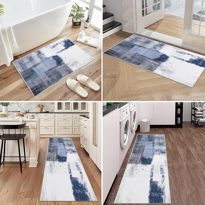 Pauwer Kitchen Mats for Floor 3 Piece Set Boho Non Slip Kitchen Rugs Washable Farmhouse Kitchen Floor Mats Thick Long Kitchen Throw Area Rug Carpet Runner for Hallway Entryway Laundry Bathroom, Blue