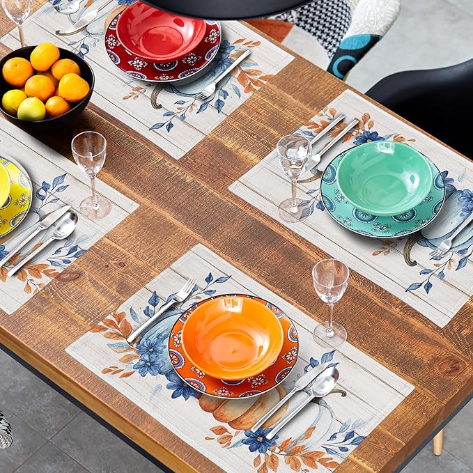 Fall Placemats 12×18 Inches Set of 4 Blue Orange Pumpkin Thanksgiving Festival Indoor Kitchen Dining Table Place Mats for Home Party Decoration