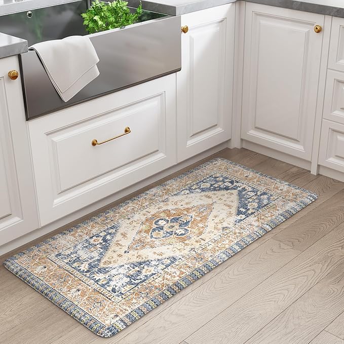 KIMODE Anti Fatigue Kitchen Mat 20"x39", Boho Vintage Kitchen Rug, Non Slip Kitchen Mats for Floor, Cushioned Kitchen Floor Mats, Standing Desk Mat for Sink, Laundry, Office, Desk Blue and Gold