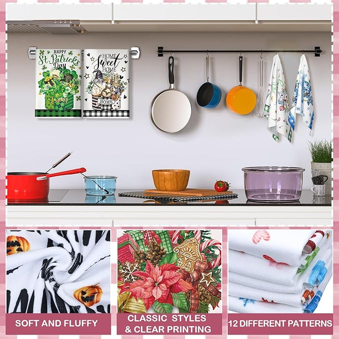 12 Pcs Seasonal Kitchen Towels Set for All Holidays Hand Dish Tea Towels Fall Halloween Christmas Cute Drying Dishcloths Decorative Absorbent Wash Cloths(Flower Style)